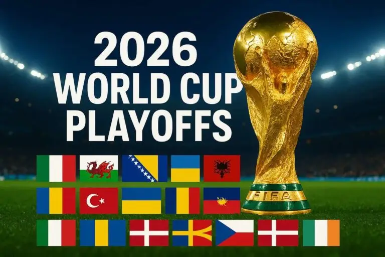 2026 World Cup Playoffs graphic featuring the FIFA World Cup trophy and flags of competing European teams in a stadium setting