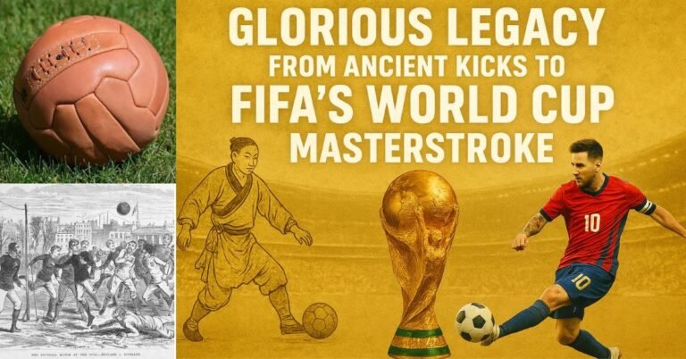 The FIFA World Cup trophy centered between an ancient Chinese Cuju player and a modern footballer in a stadium, with the title “World Cup Origin Glorious FIFA Legacy”