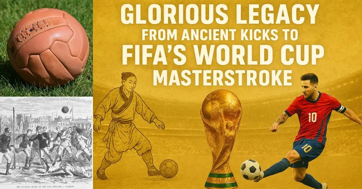 The FIFA World Cup trophy centered between an ancient Chinese Cuju player and a modern footballer in a stadium, with the title “World Cup Origin Glorious FIFA Legacy”