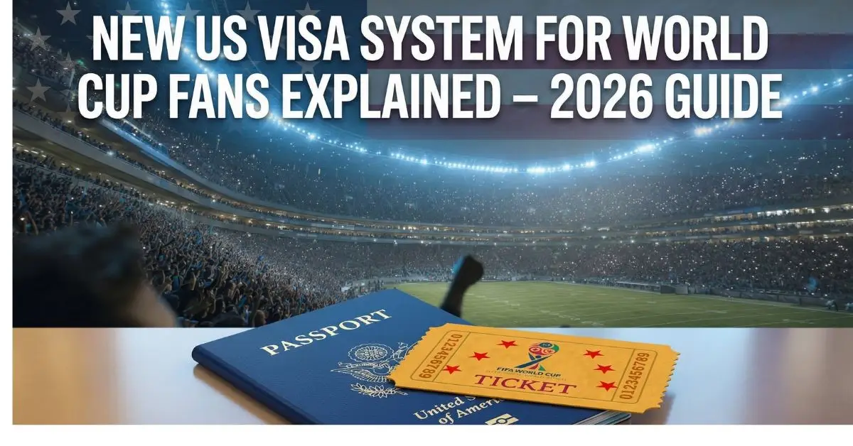 Feature image showing US passport, World Cup 2026 match ticket, and American stadium representing the US new visa system 2026 for football fans.